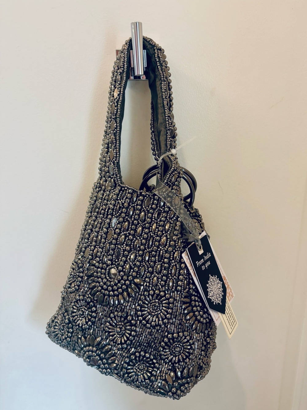 NWT Made in India Embellished Beaded Silver Tote Bag